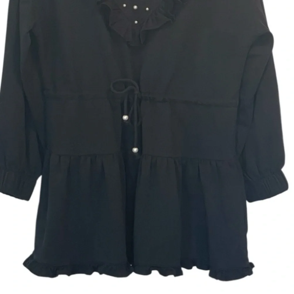 NWT Sundays Gemma Black Ruffle Mini Dress with Pearl Accents, Elastic Waist, XL - Picture 14 of 16